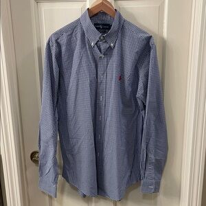 Perfect Ralph Lauren Men’s Navy and White Gingham Button-Down Shirt